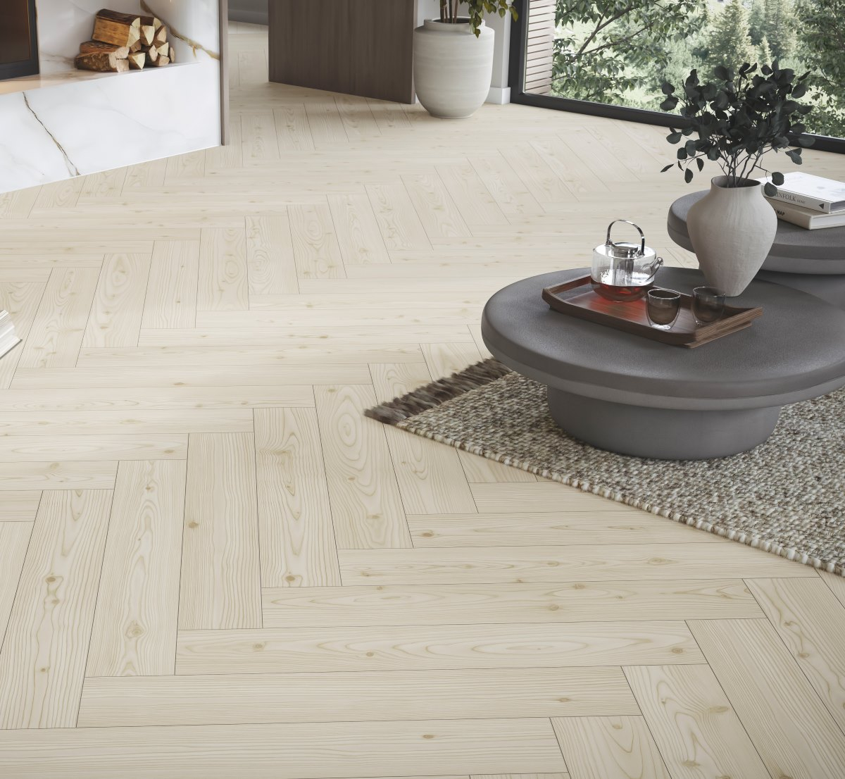 Ламинат Parador Trendtime 3 Лиственница Юкон белая Larch Yukon white 1748751 венгерская елка 858×143×8 фото в интерьере